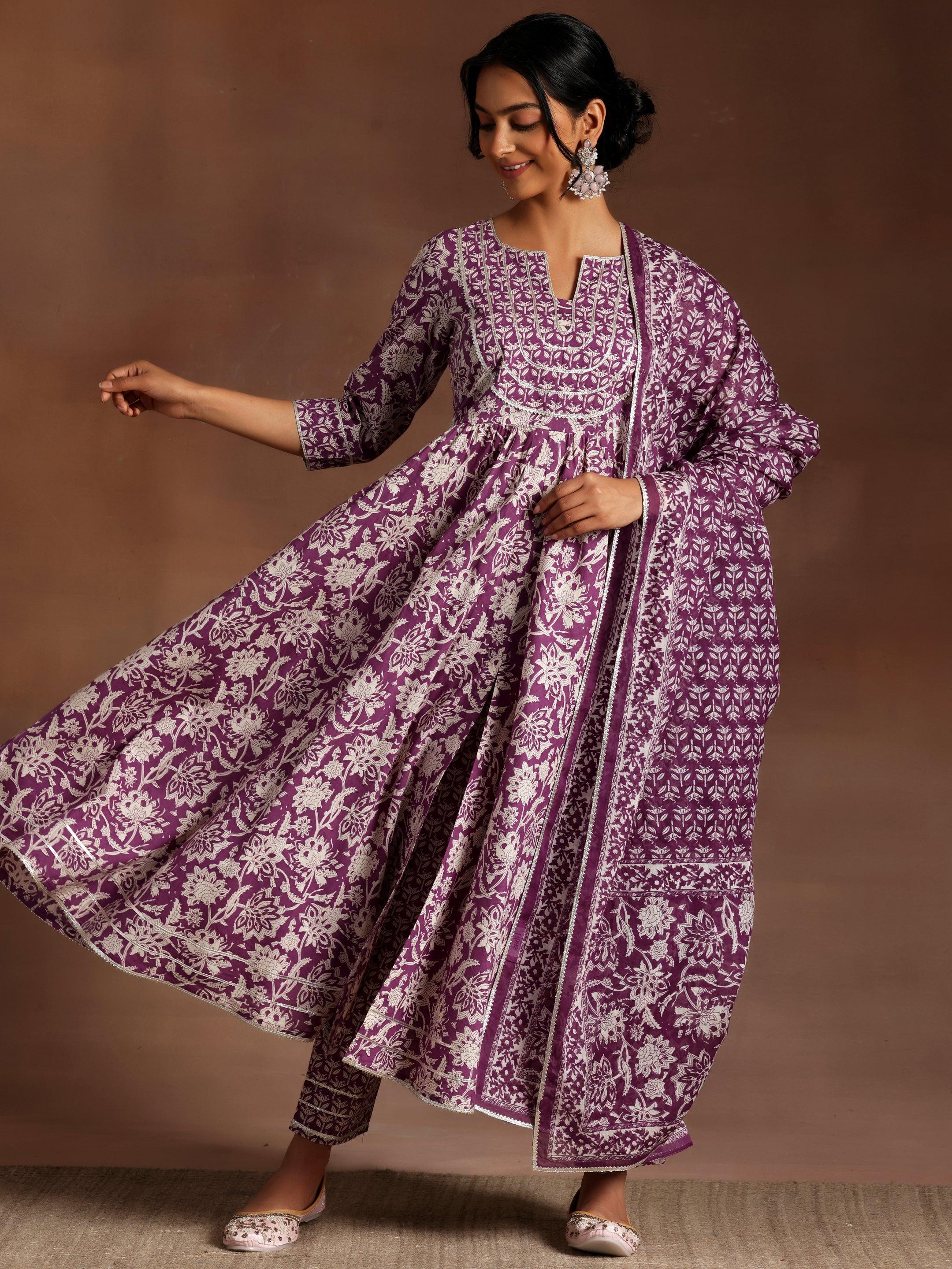 Purple Printed Cotton Anarkali Suit With Dupatta