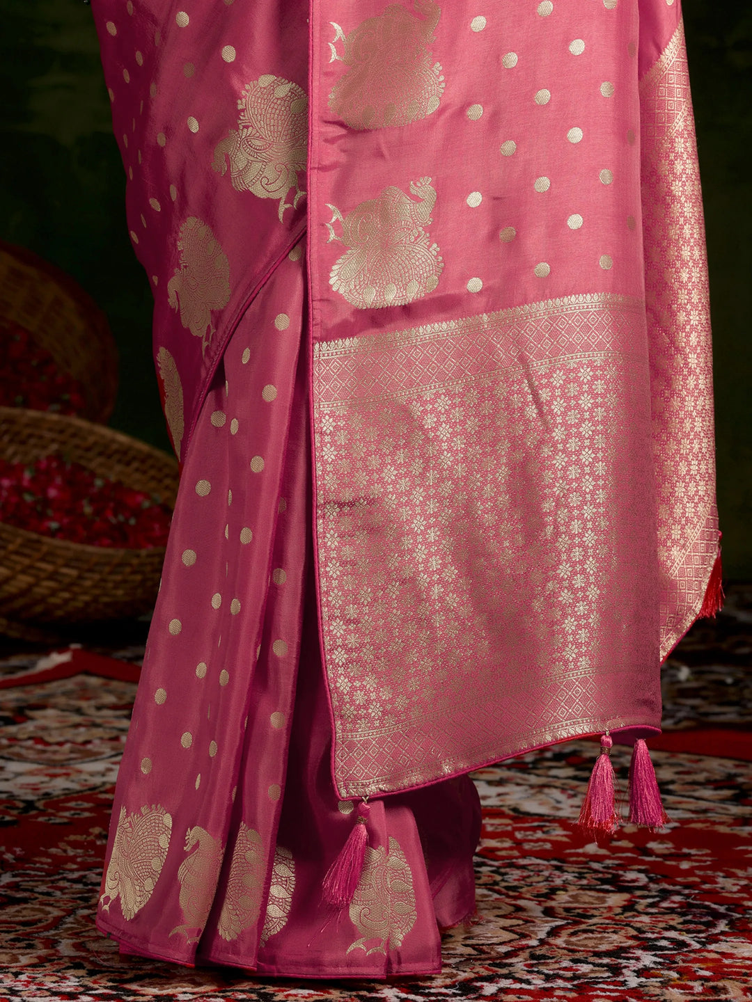  Pink Woven Design Silk Blend Saree With Unstitched Blouse Piece 