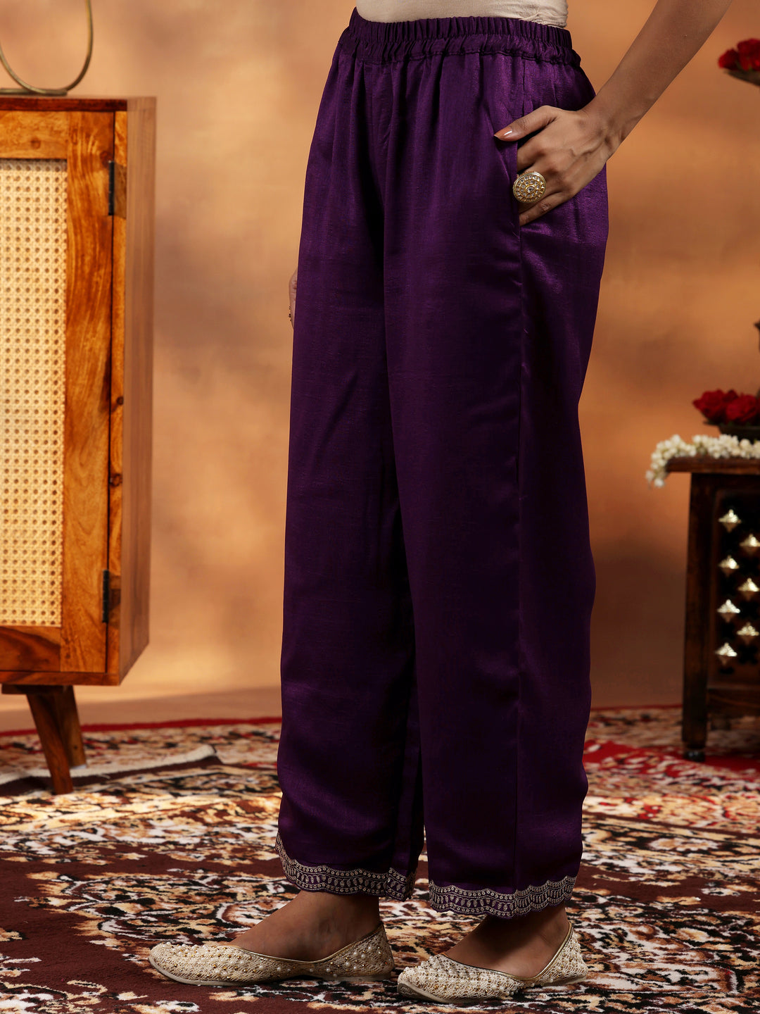  Burgundy Embroidered Silk Blend Straight Suit With Dupatta 