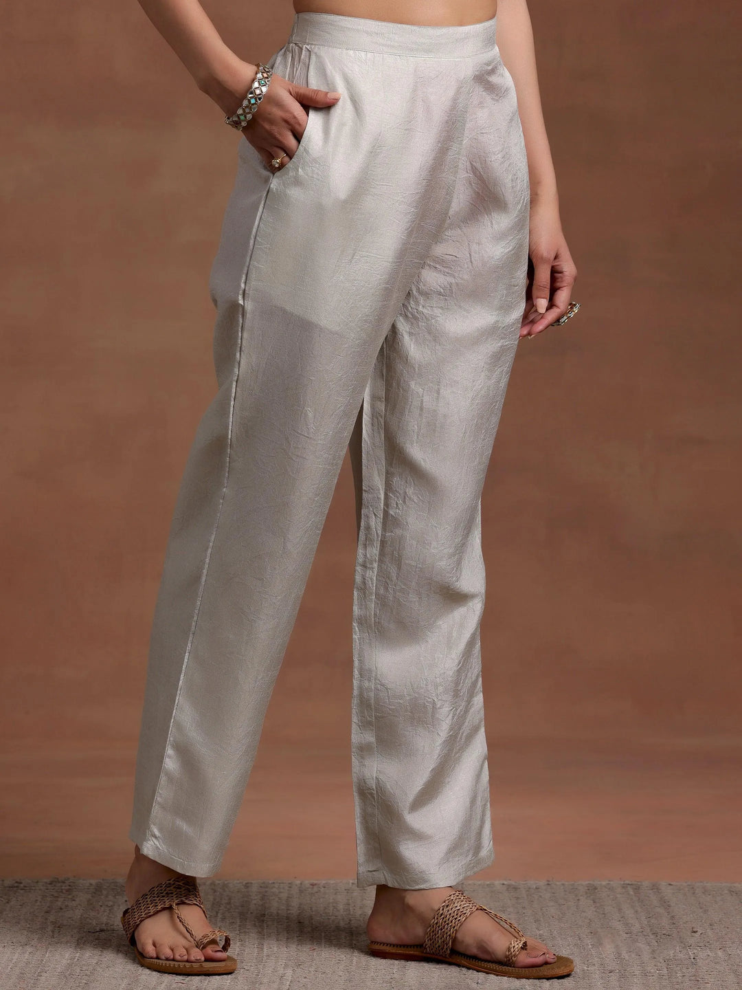 Grey Printed Silk Blend A-Line Kurta With Trousers - Libas 