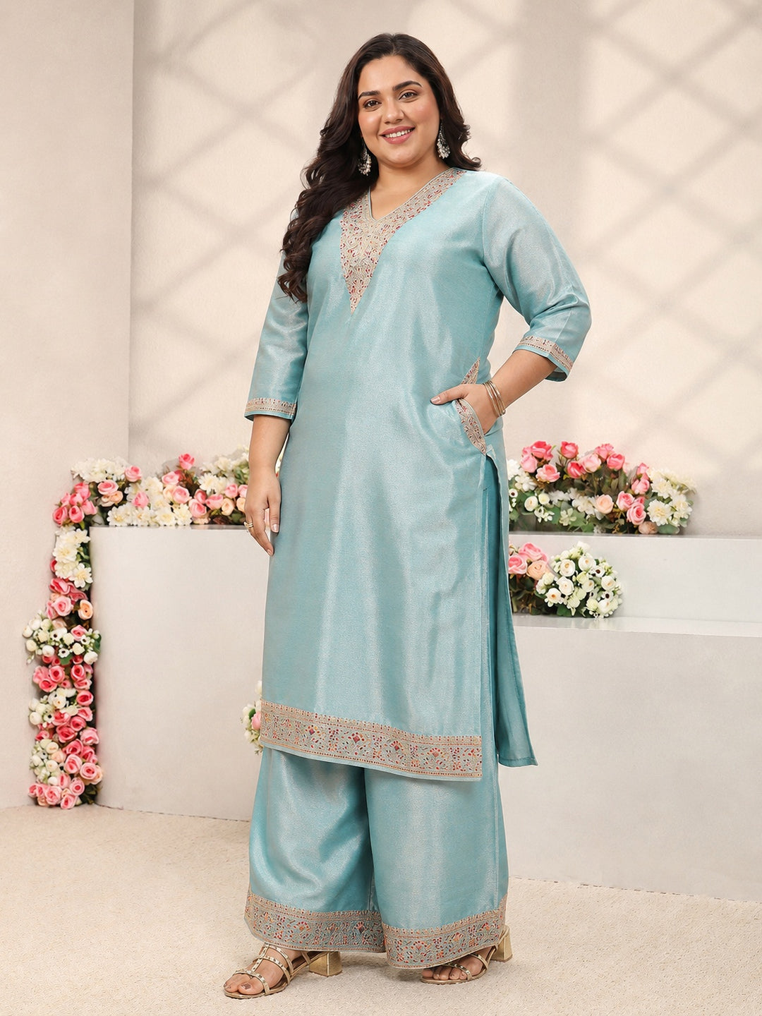  Plus Size Blue Yoke Design Silk Blend Straight Suit Set 