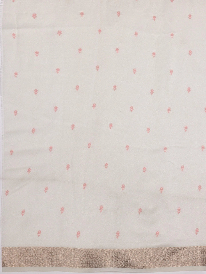 Off White Printed Silk Blend Saree With Unstitched Blouse Piece - Libas
