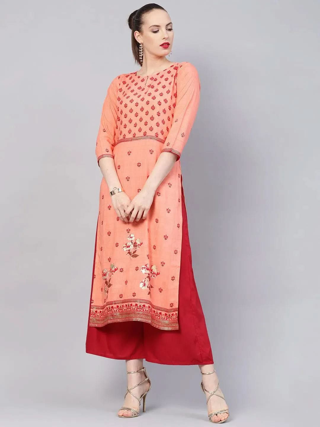 Peach Printed Rayon Kurta - Libas 