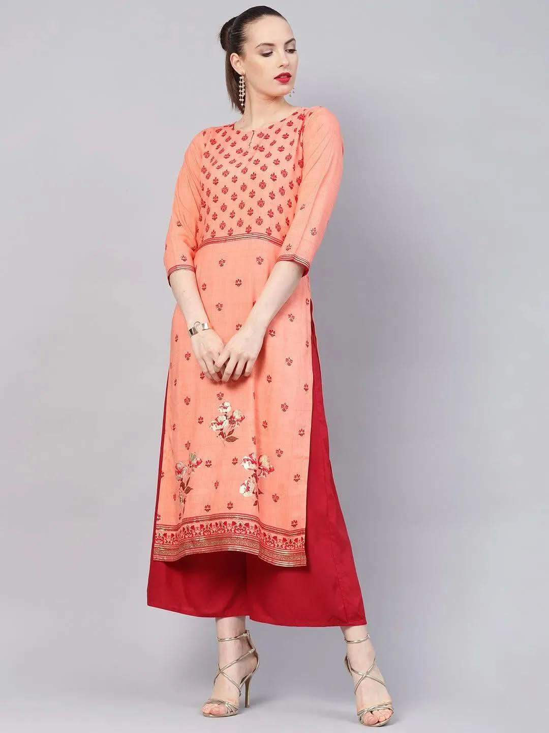 Peach Printed Rayon Kurta - Libas