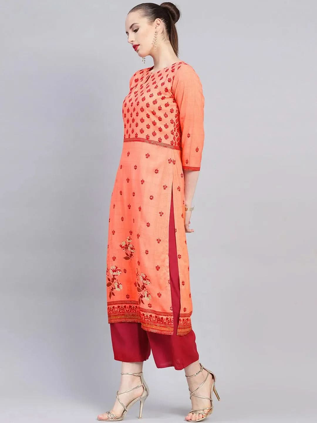 Peach Printed Rayon Kurta - Libas 