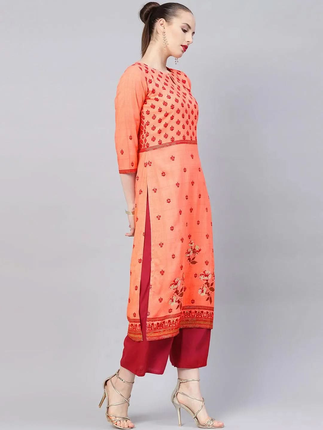 Peach Printed Rayon Kurta - Libas 