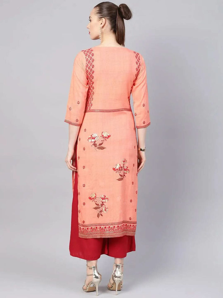 Peach Printed Rayon Kurta - Libas