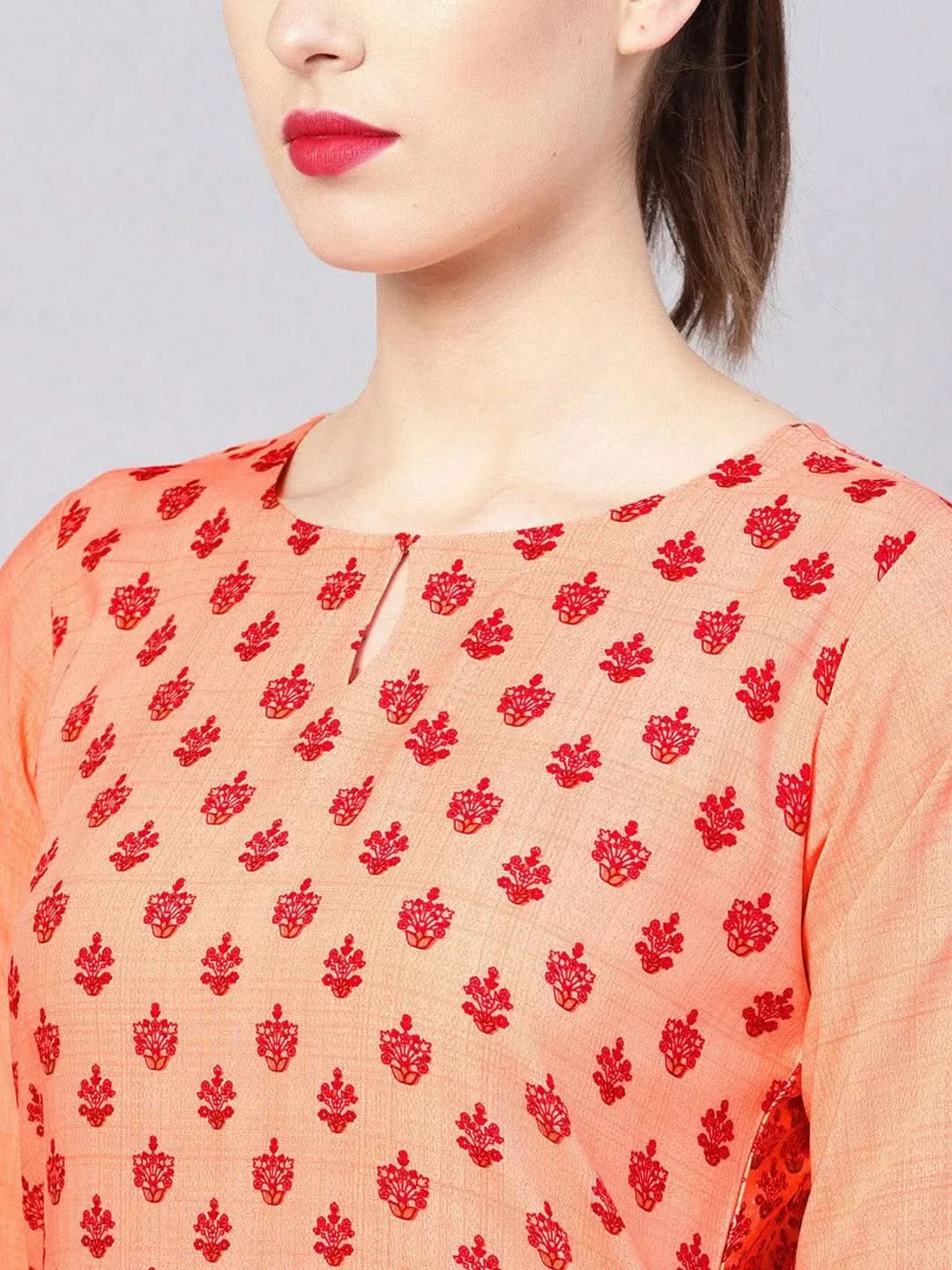 Peach Printed Rayon Kurta - Libas