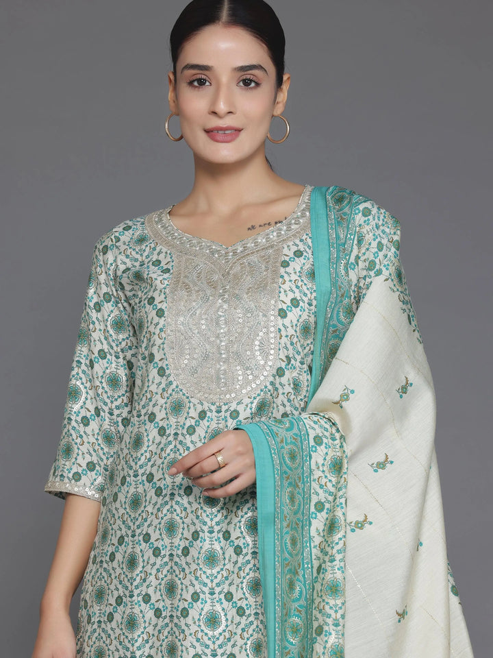 Beige Printed Silk Blend Straight Suit With Dupatta - Libas