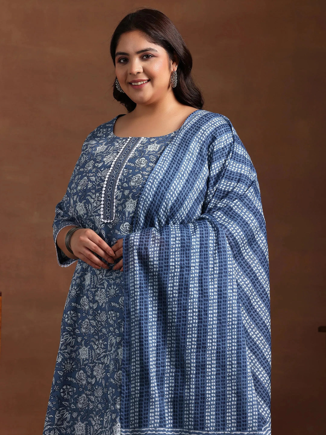  Plus Size Blue Printed Cotton Straight Suit With Dupatta 