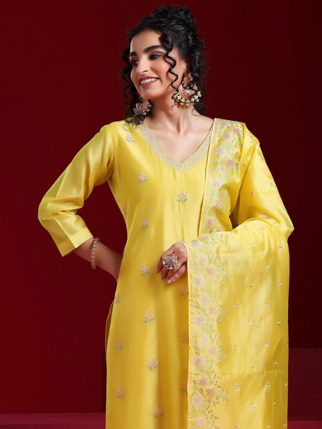  Libas Art Yellow Embroidered Chanderi Silk Straight Suit With Dupatta 