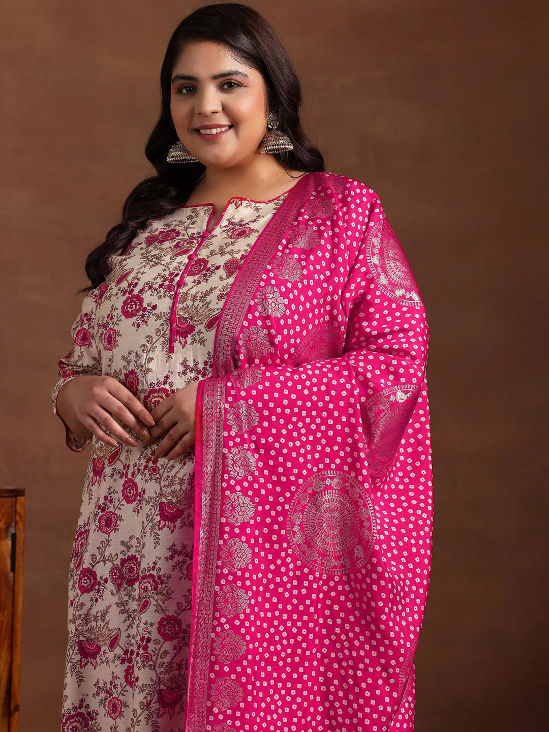 Plus Size Pink Printed Silk Blend Straight Suit With Dupatta - Libas 