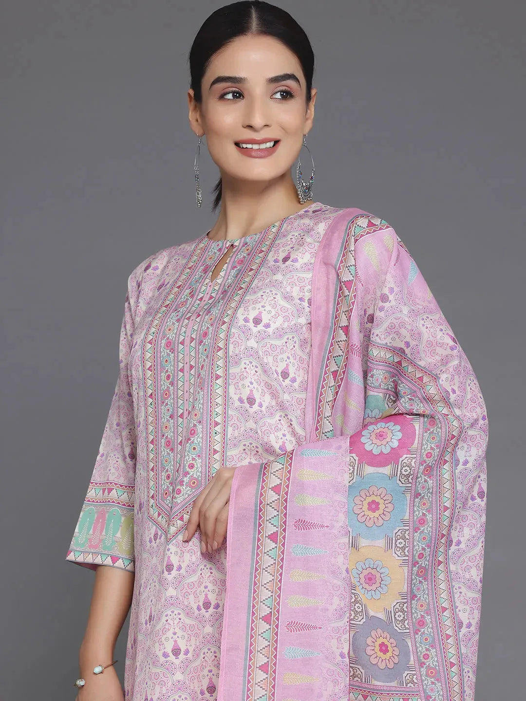  Pink Printed Poly Crepe Straight Suit With Dupatta 