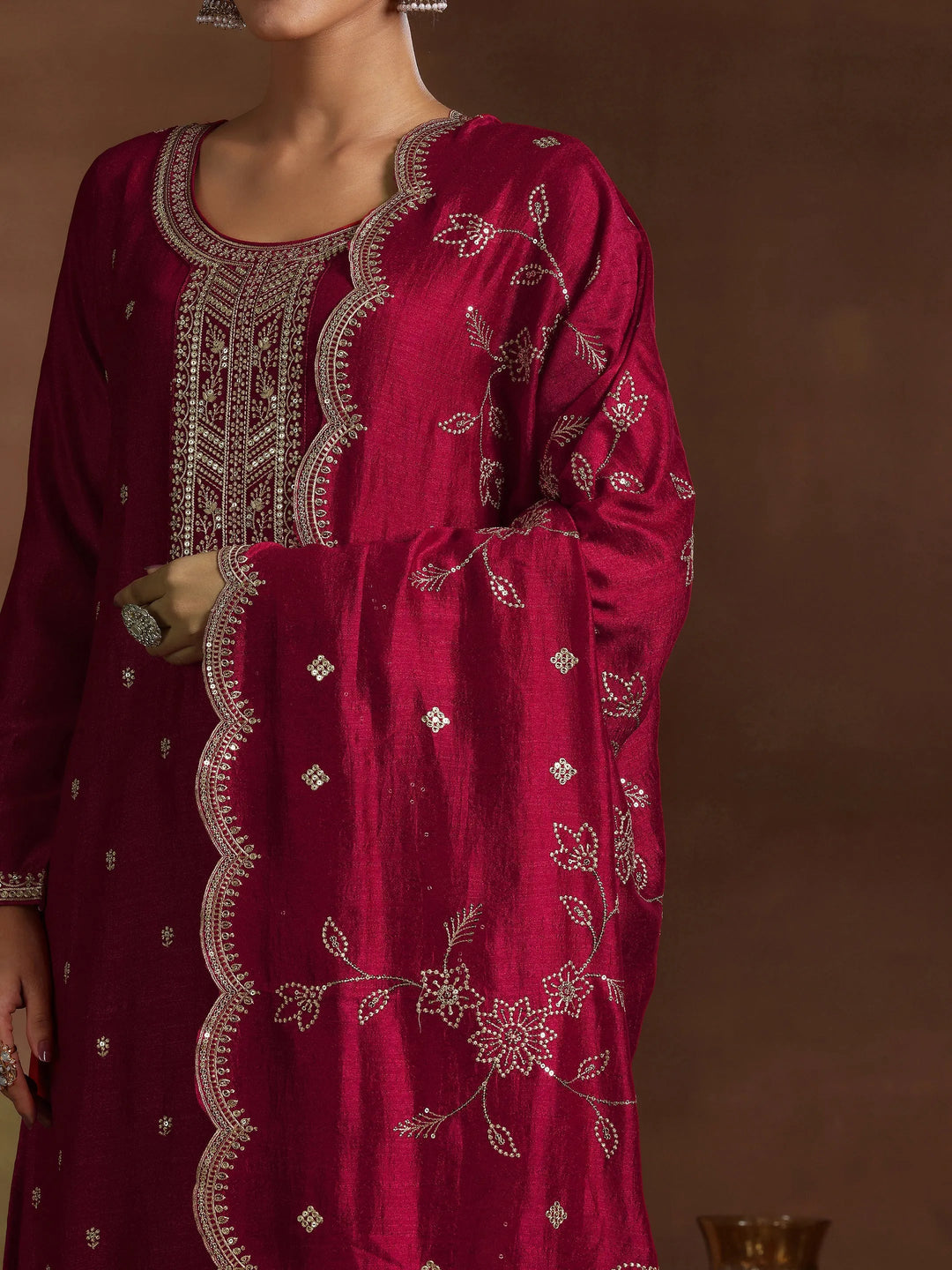  Red Embroidered Silk Blend Straight Suit With Dupatta 