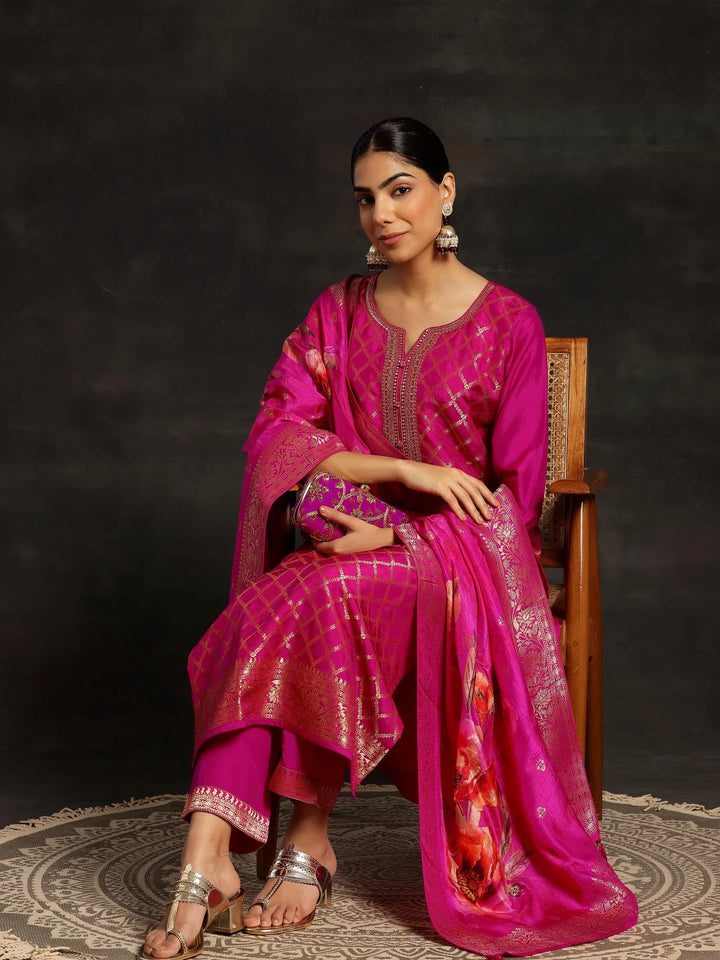 Pink Woven Design Silk Blend Straight Suit With Dupatta - Libas