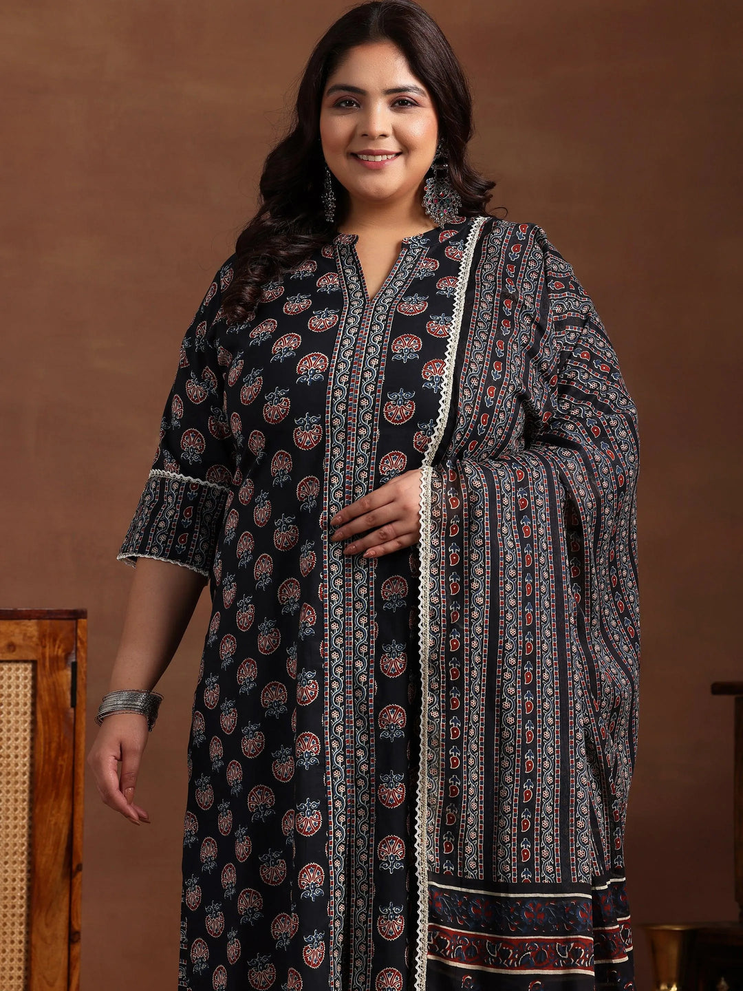 Plus Size Black Printed Cotton Straight Suit With Dupatta - Libas 