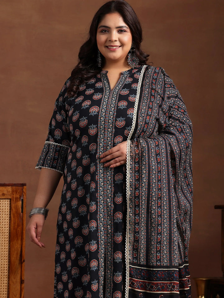 Plus Size Black Printed Cotton Straight Suit With Dupatta - Libas