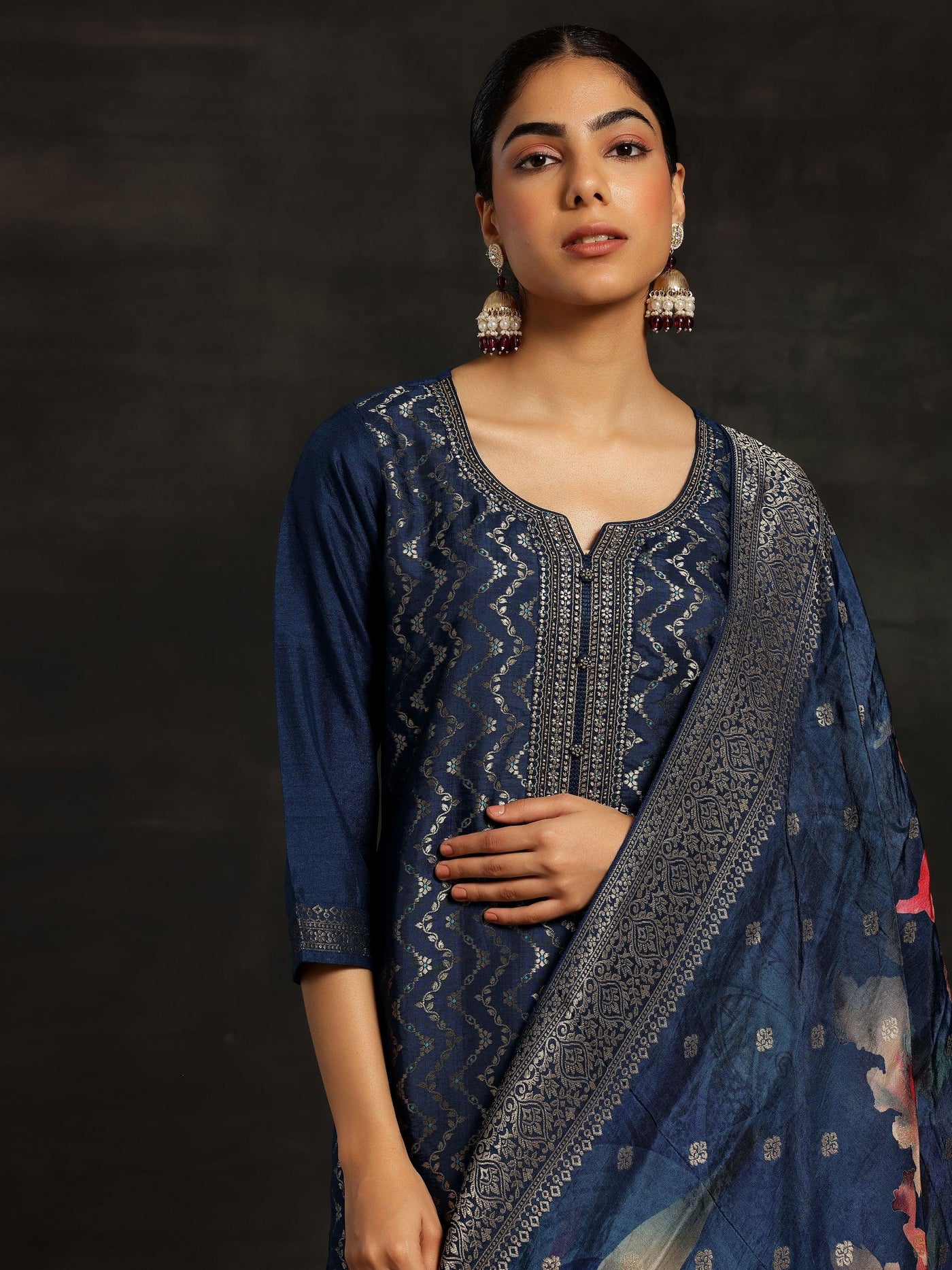 Blue Woven Design Silk Blend Straight Suit With Dupatta - Libas