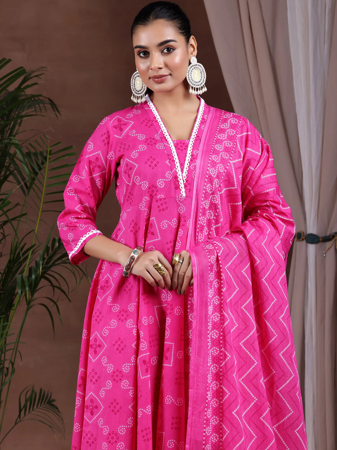  Pink Printed Cotton Anarkali Suit With Dupatta 