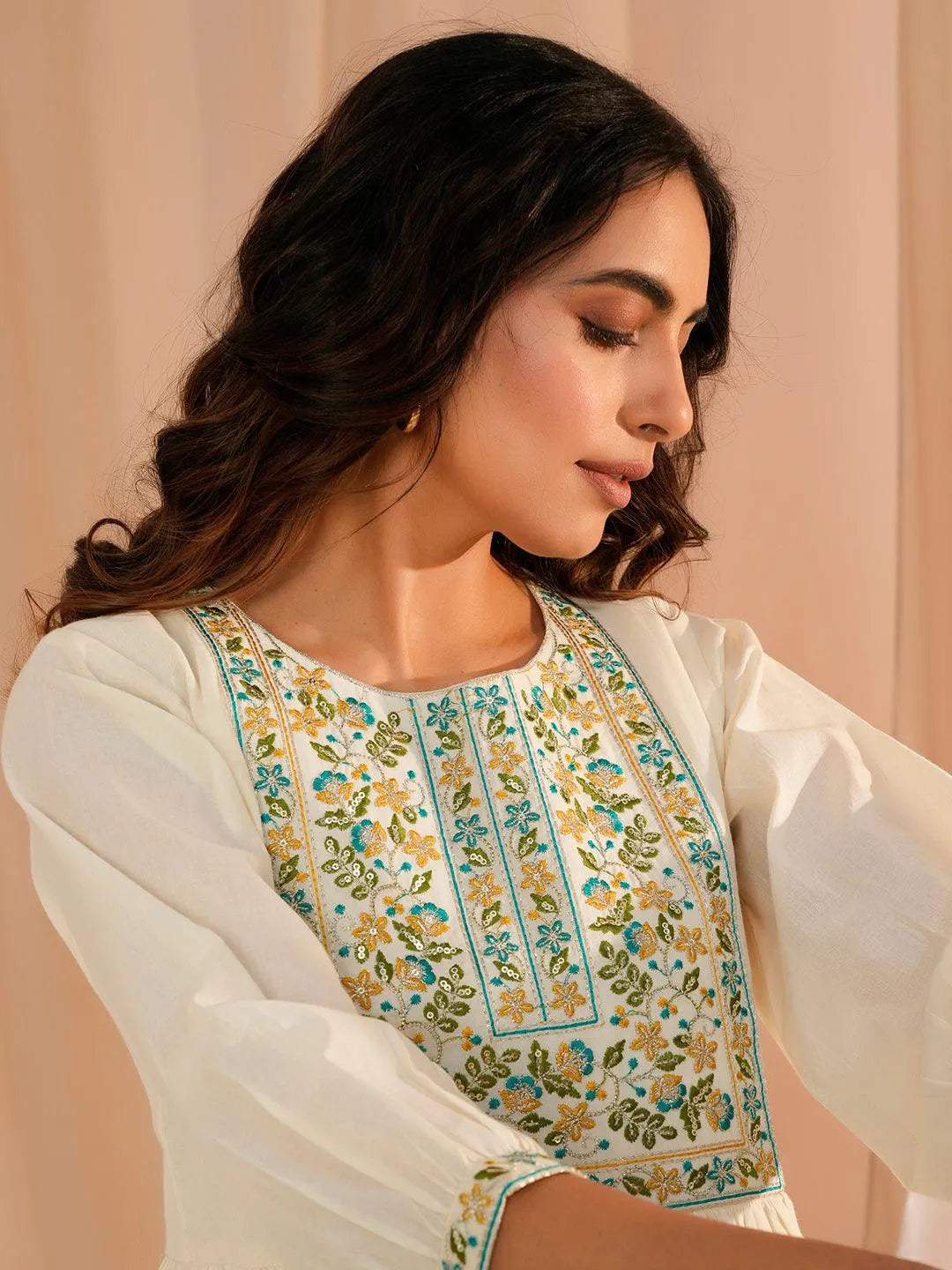 Off White Yoke Design Cotton A-Line Kurti - Libas 