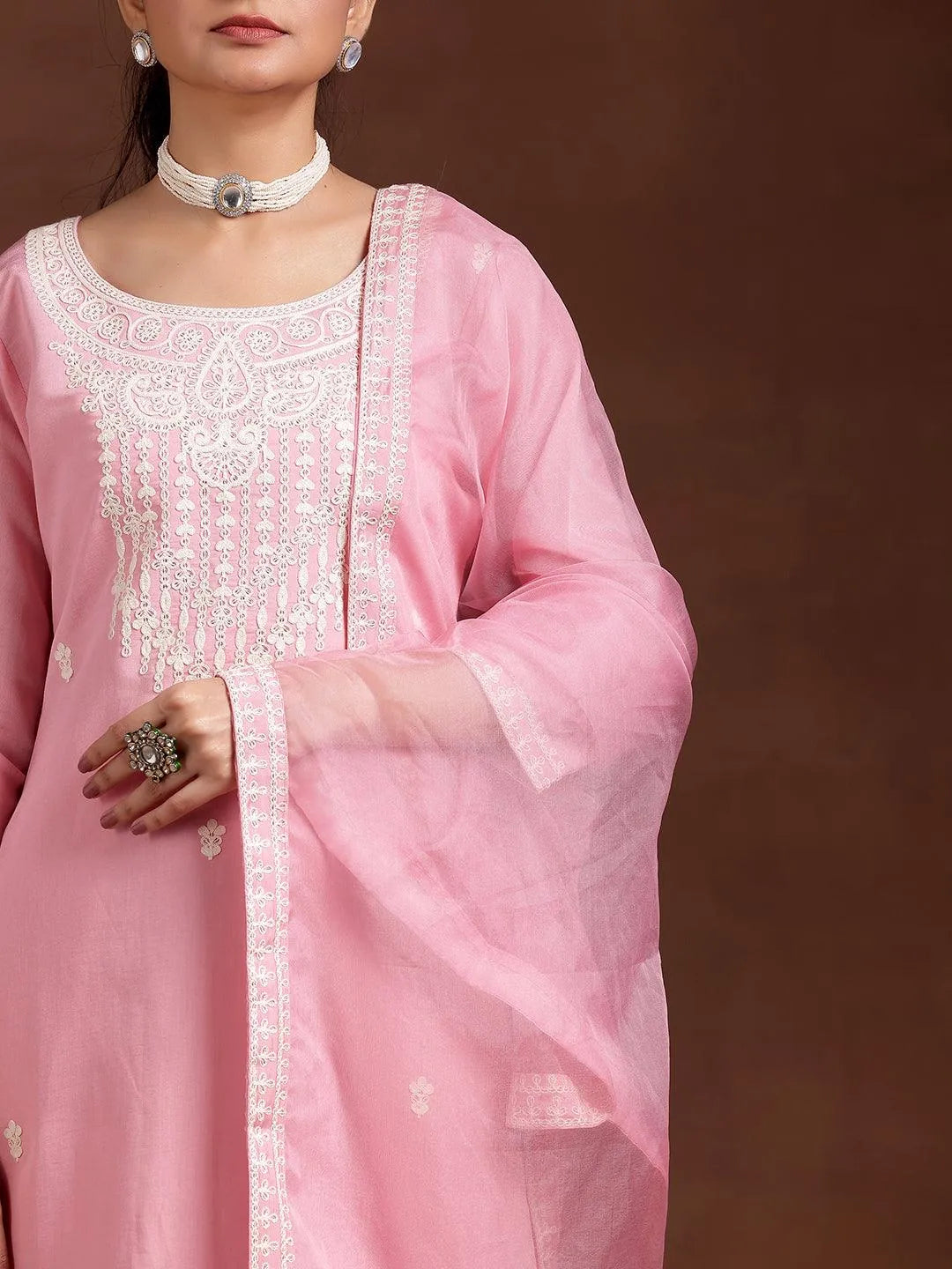 Pink Embroidered Silk Blend Straight Suit With Dupatta - Libas 