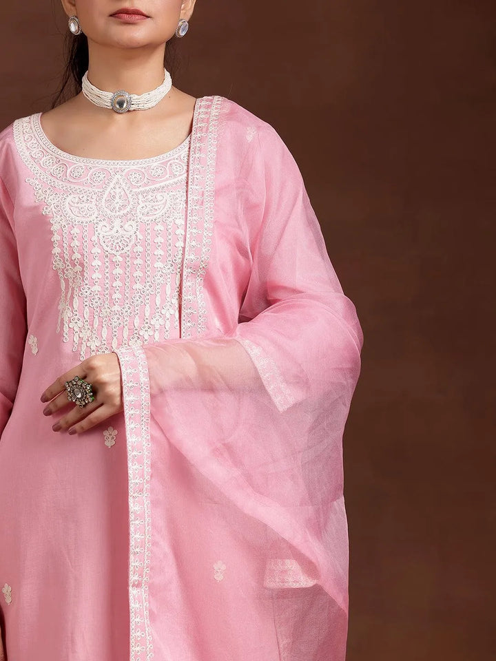 Pink Embroidered Silk Blend Straight Suit With Dupatta - Libas