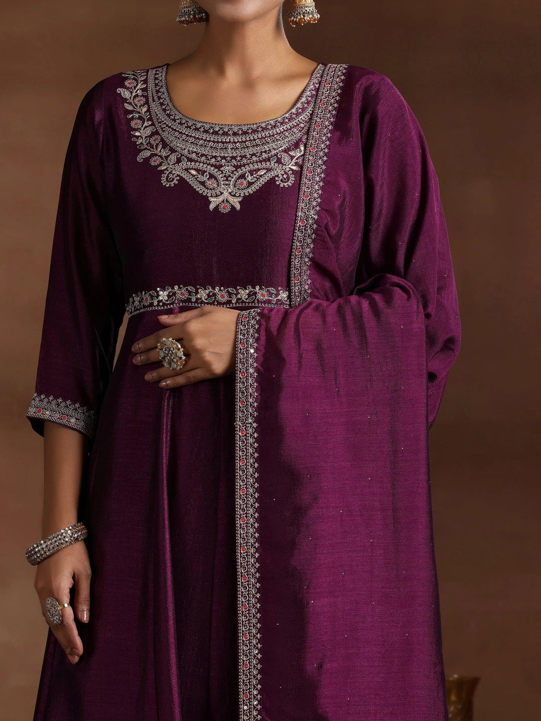  Wine Yoke Design Silk Blend Anarkali Suit With Dupatta 