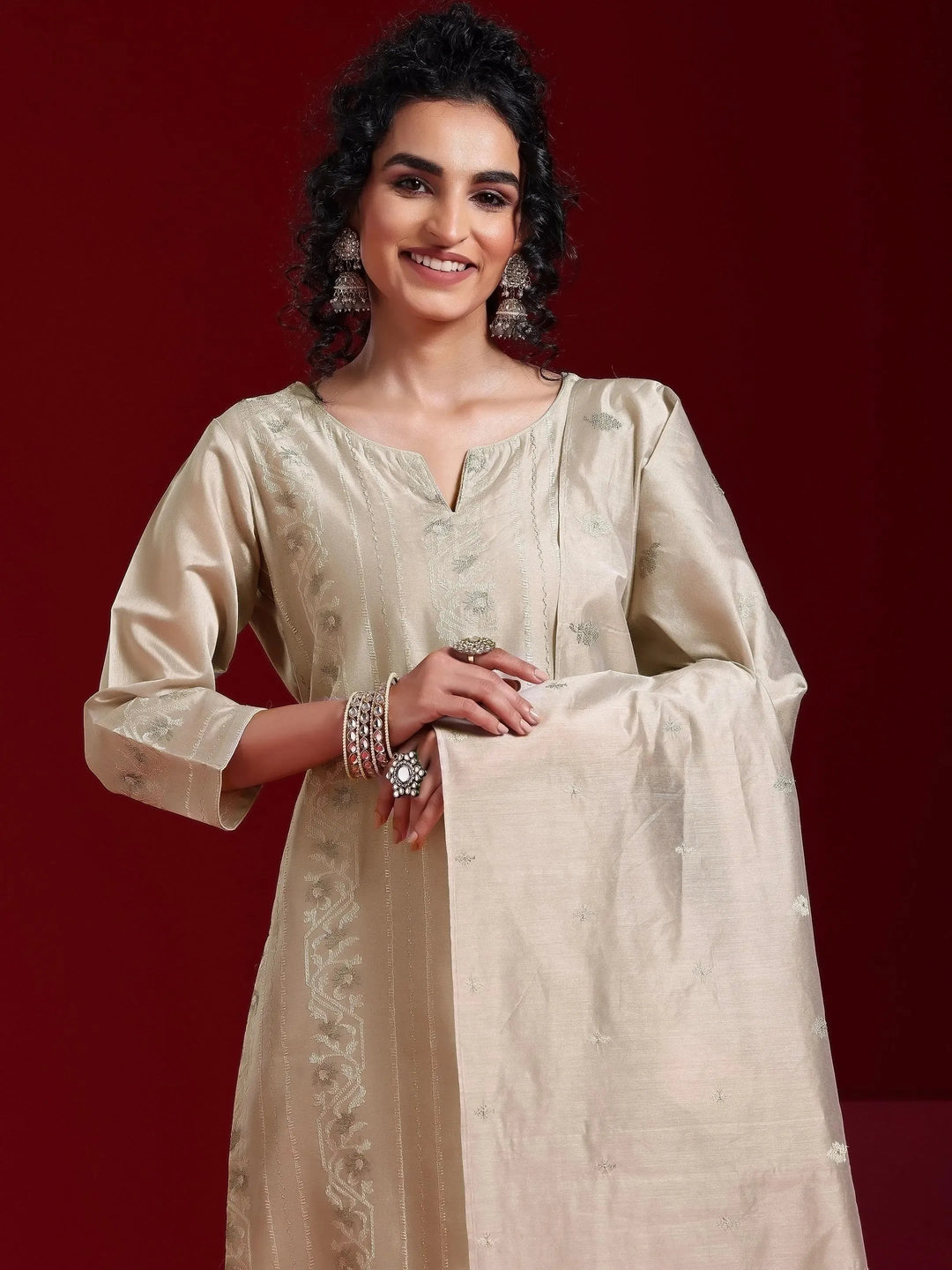  Libas Art Grey Embroidered Chanderi Silk Straight Suit With Dupatta 