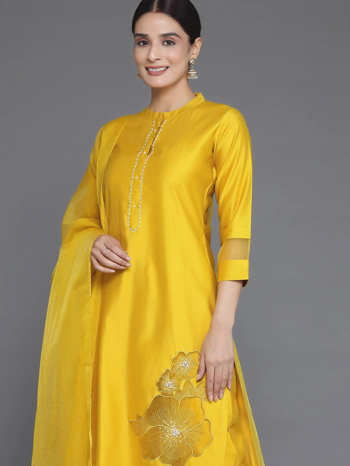 Yellow Solid Silk Blend Straight Suit With Dupatta - Libas