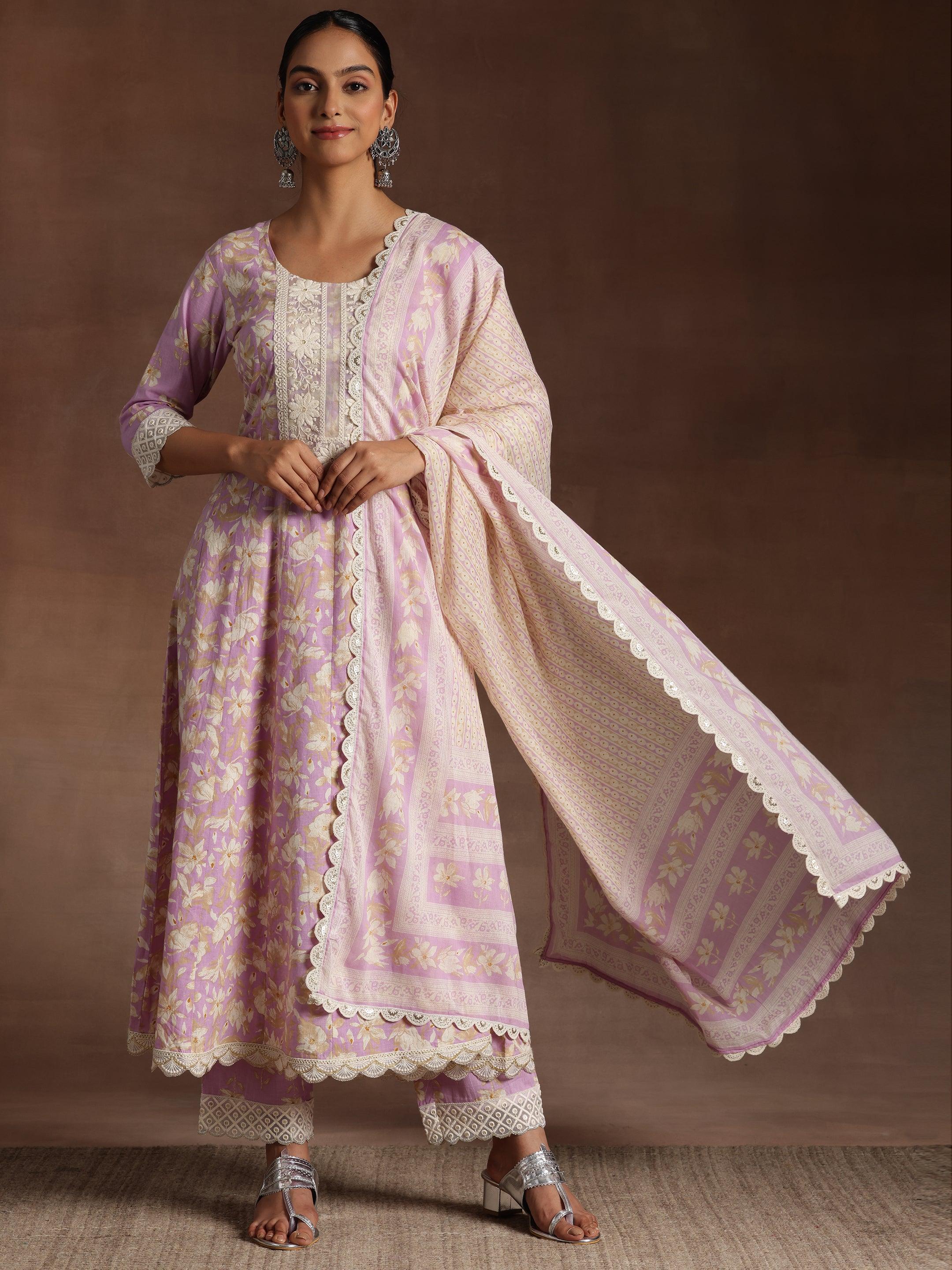 Dilbaro Purple Printed Cotton A-Line Kurta With Trousers & Dupatta