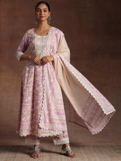 Dilbaro Purple Printed Cotton A-Line Kurta With Trousers & Dupatta - Libas