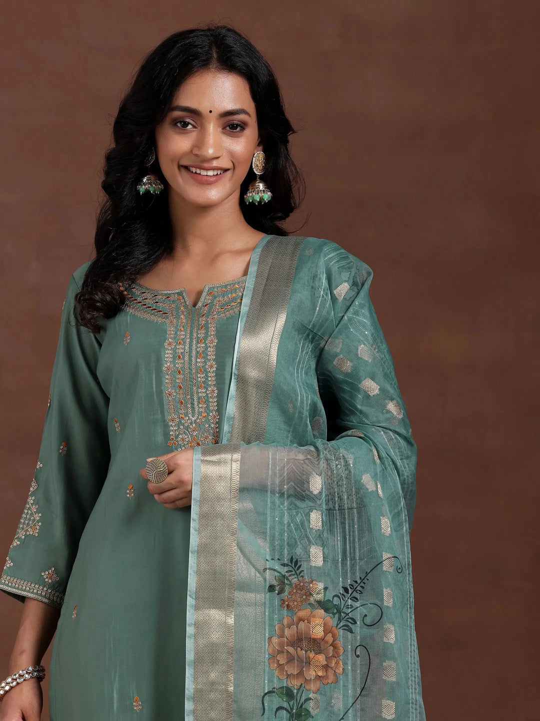  Green Embroidered Silk Blend Straight Suit With Dupatta 