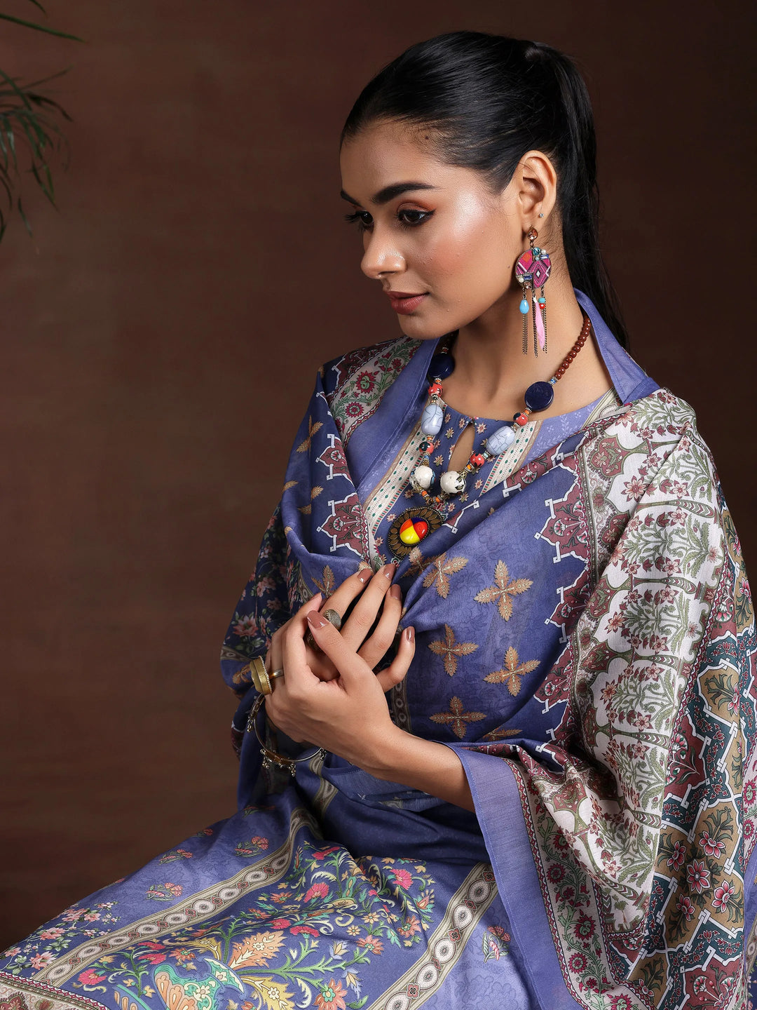  Purple Printed Poly Crepe Straight Suit With Dupatta 