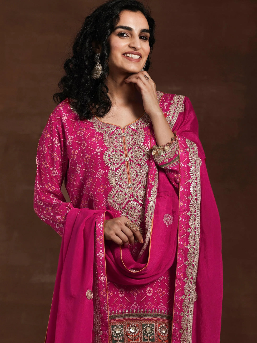 Libas Art Pink Printed Silk Blend Straight Suit With Dupatta - Libas 