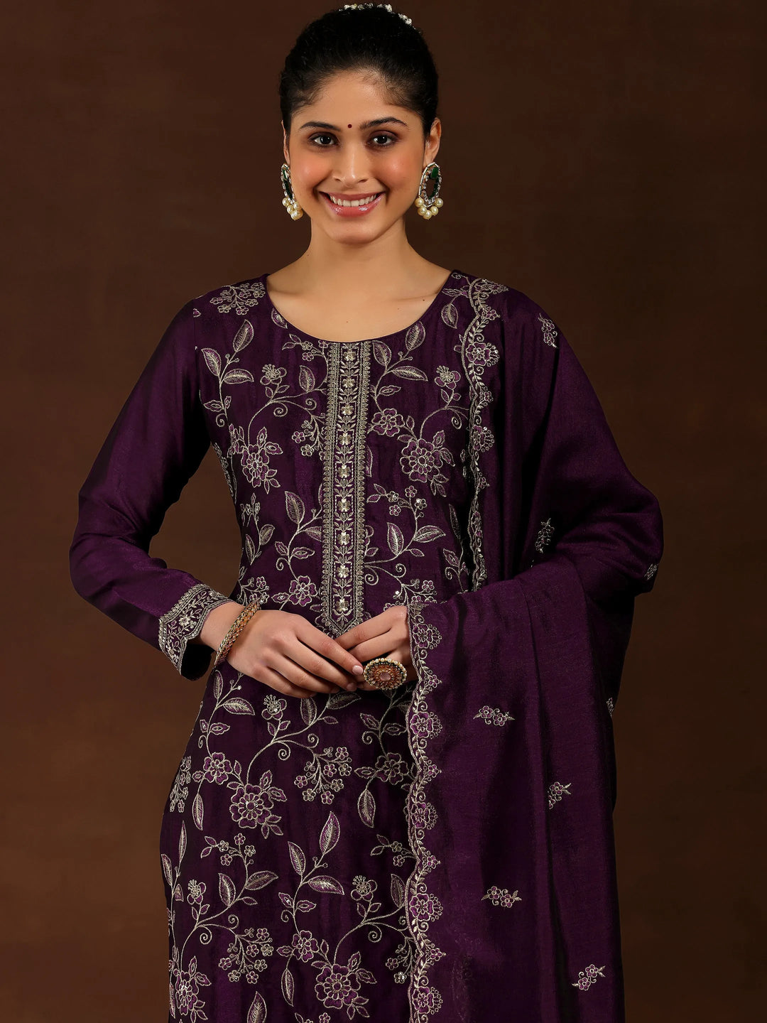  Wine Embroidered Silk Blend Straight Suit With Dupatta 