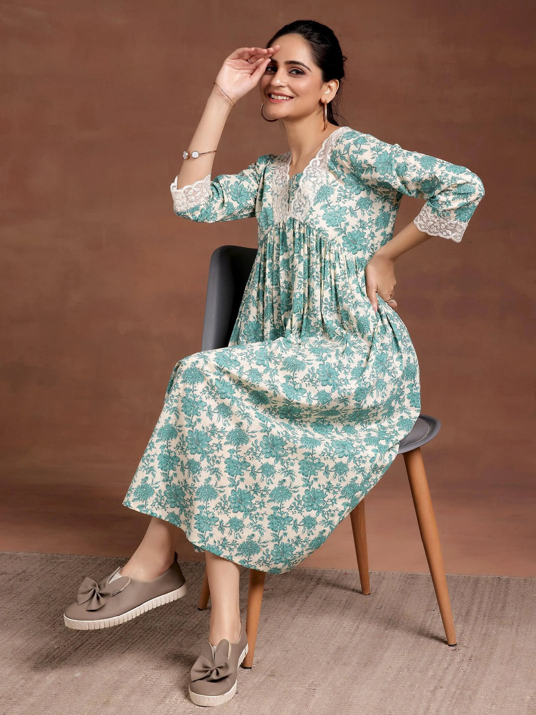 Beige Printed Cotton A-Line Dress - Libas 