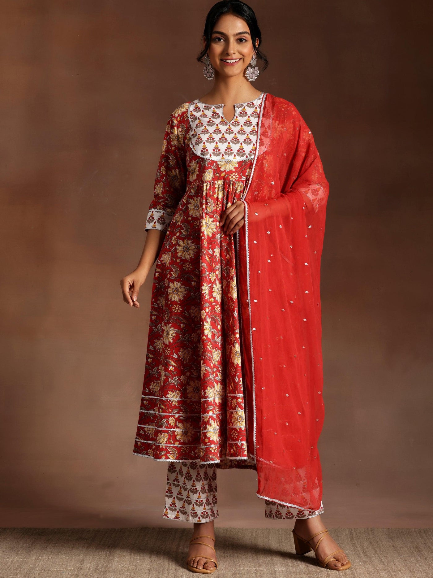 Red Printed Cotton Anarkali Suit With Dupatta - Libas