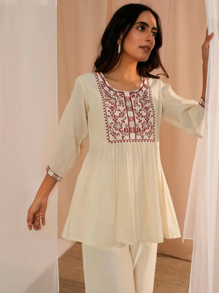 Off White Yoke Design Cotton A-Line Kurti - Libas