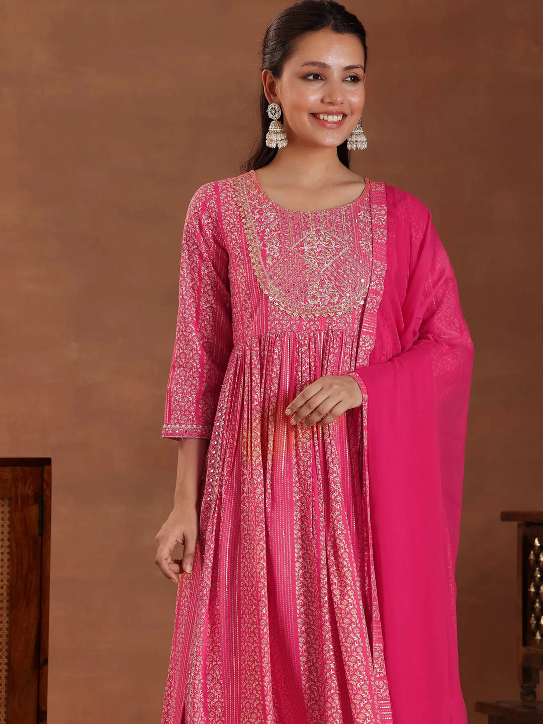  Coral Printed Rayon A-Line Kurta With Sharara & Dupatta 