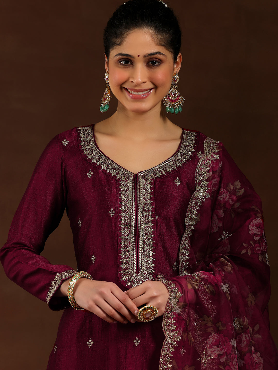  Maroon Embroidered Silk Blend Straight Suit With Dupatta 