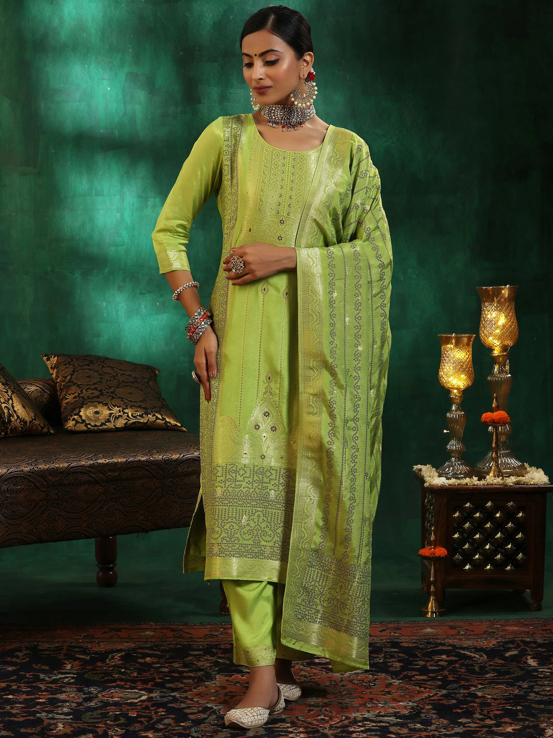  Green Woven Design Silk Blend Straight Suit With Dupatta 
