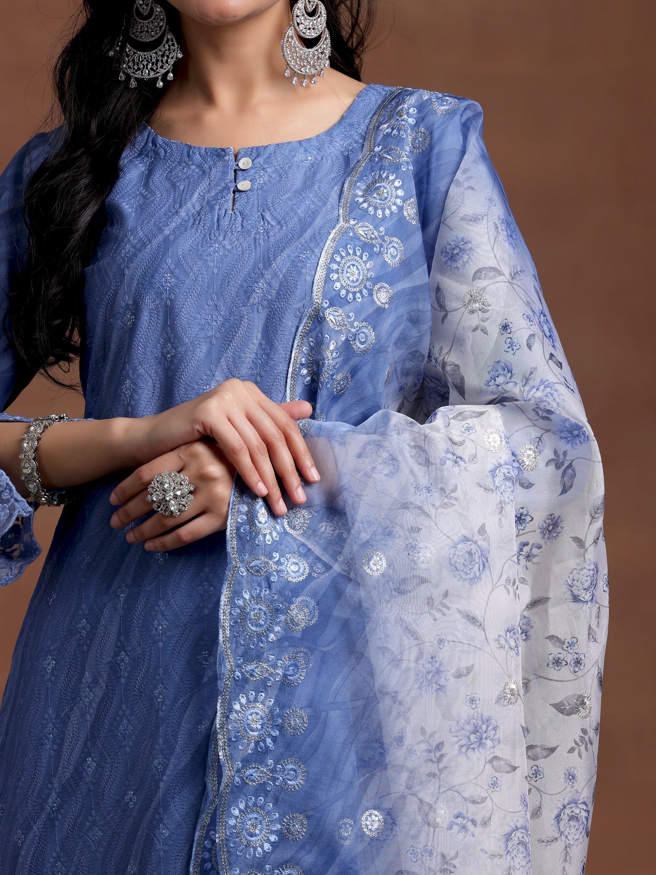 Blue Embroidered Silk Blend Straight Suit With Dupatta