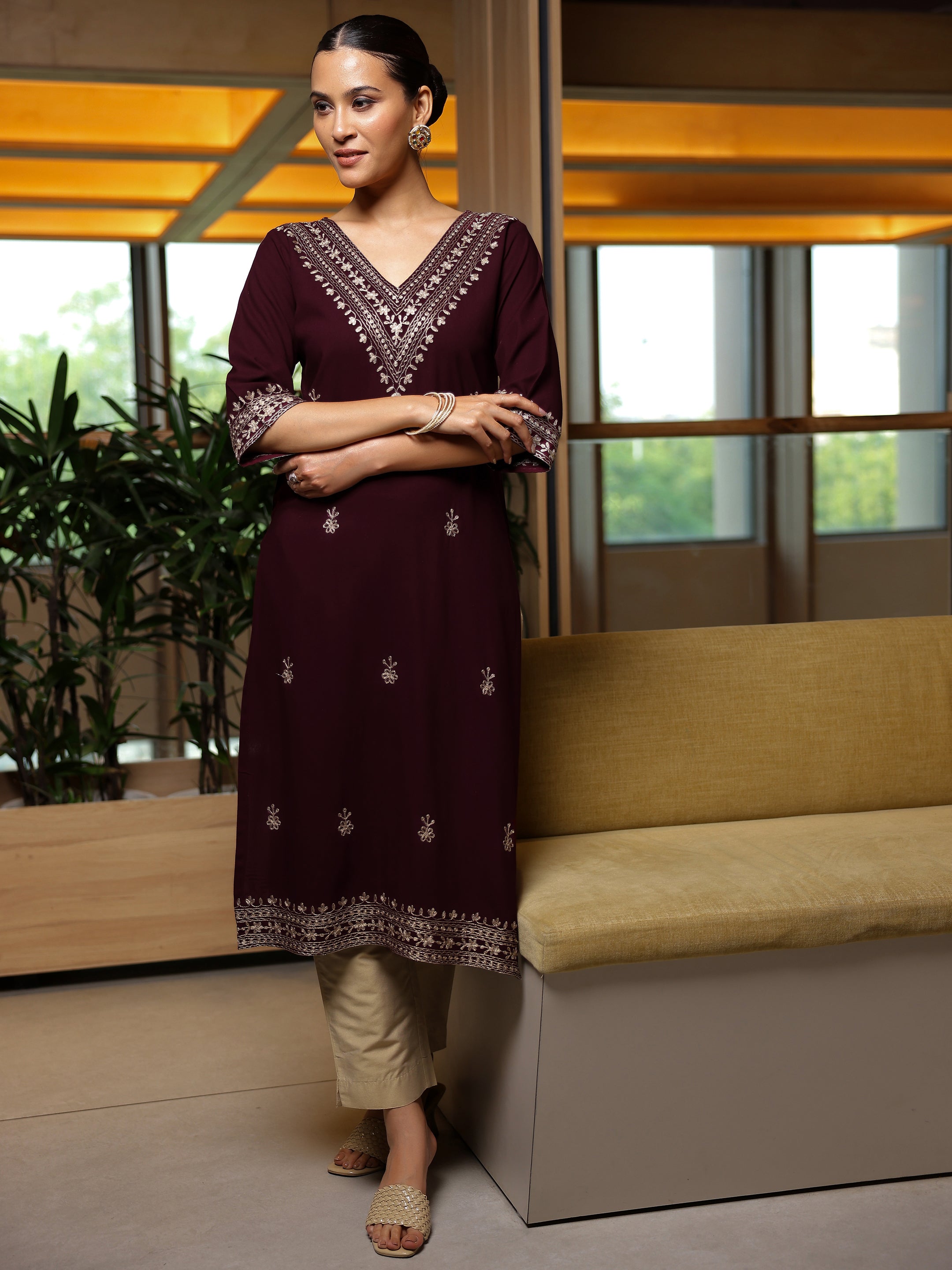 libas Wine Embroidered Rayon Straight Kurta-picture-39