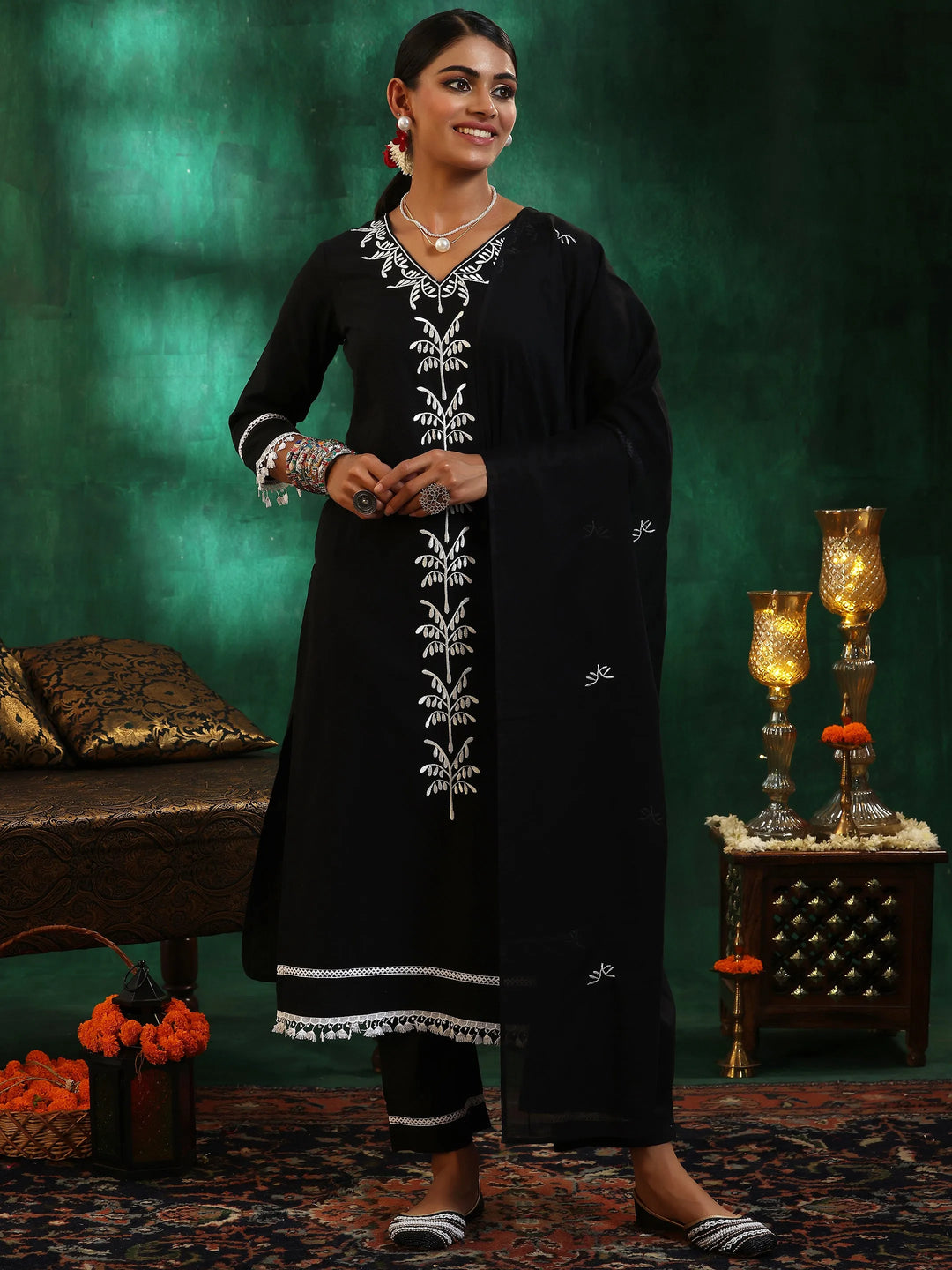 Black Embroidered Cotton Straight Suit With Dupatta 