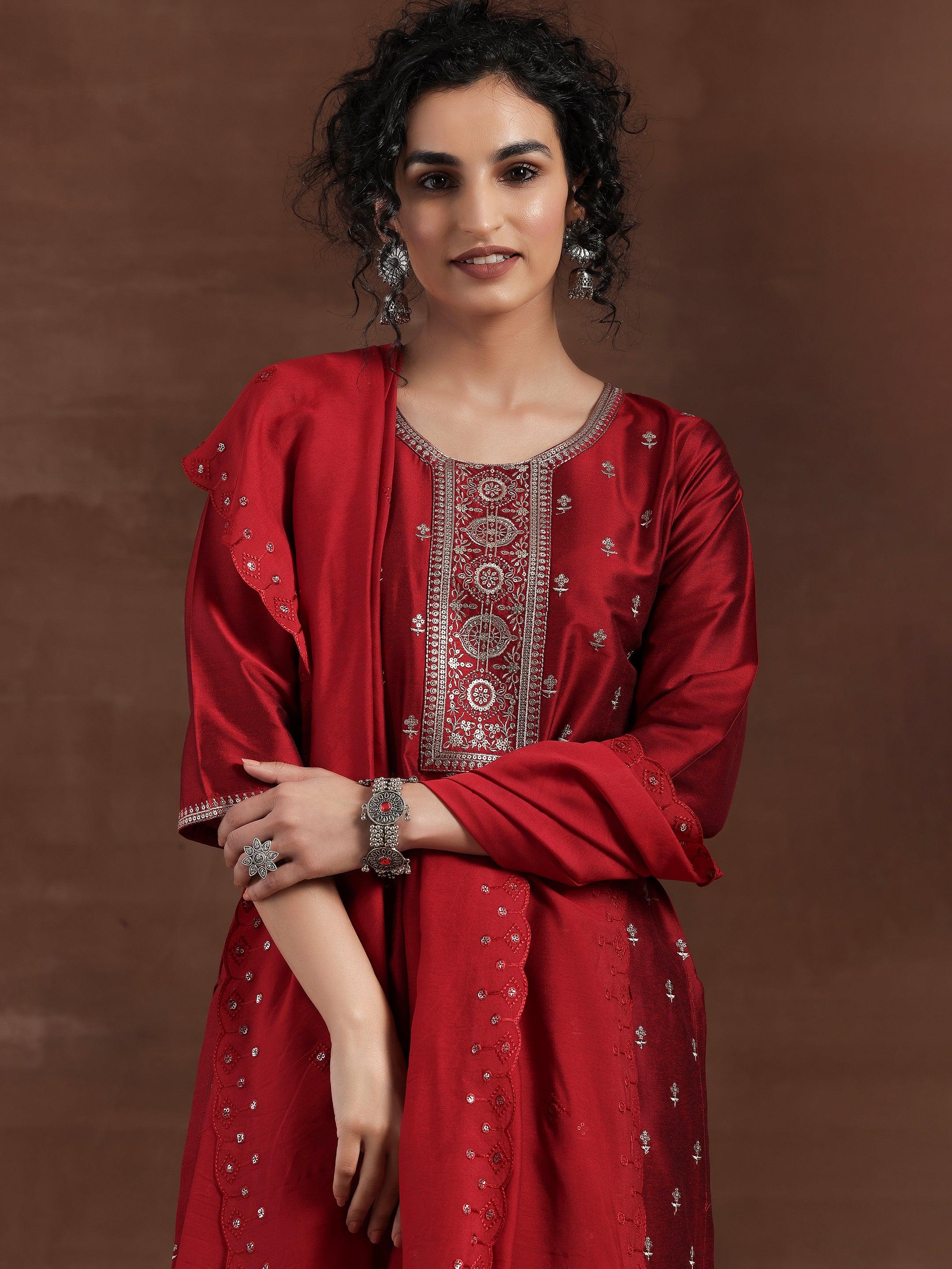 Red Embroidered Silk Blend Straight Suit With Dupatta