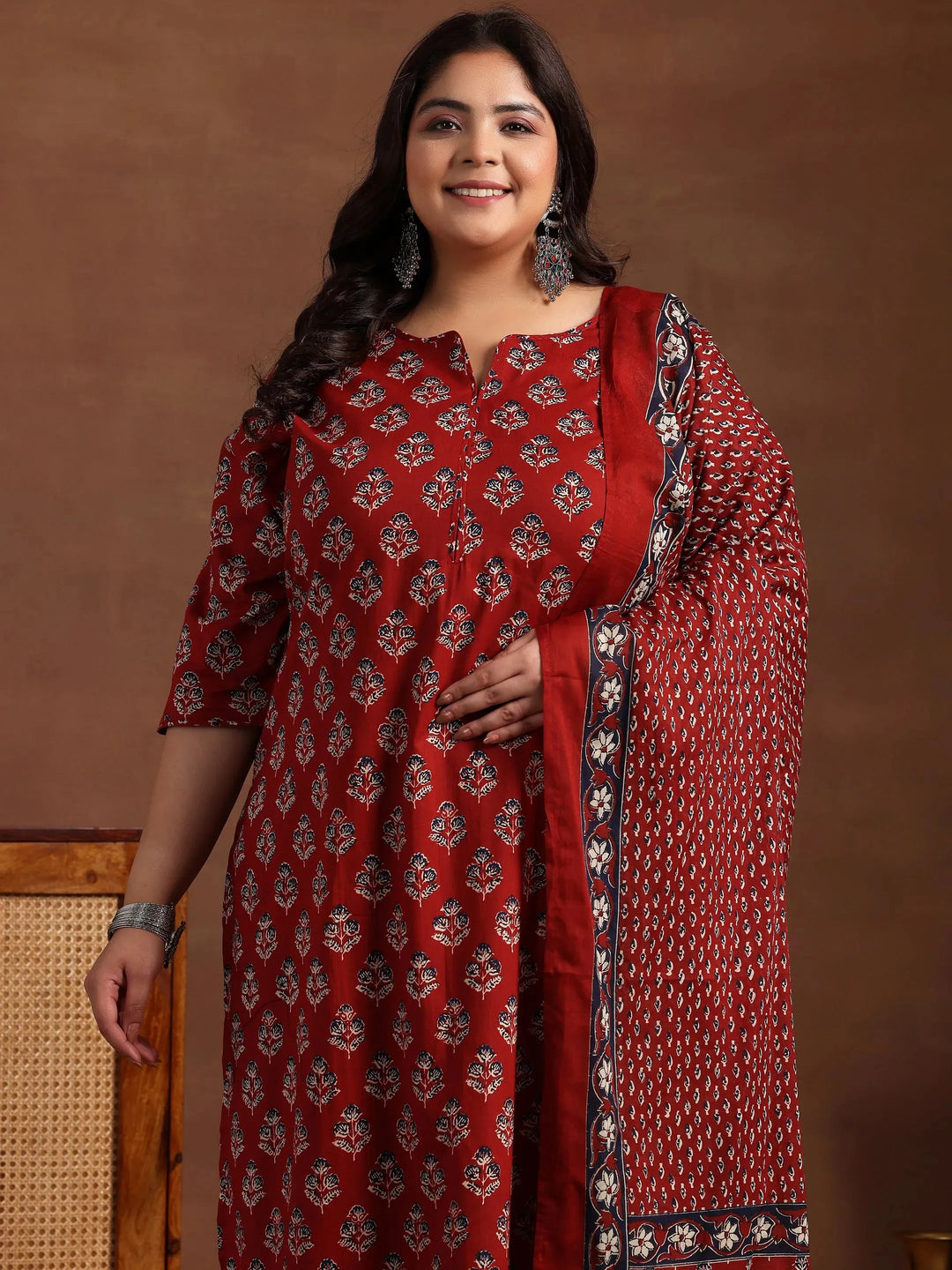  Plus Size Rust Printed Cotton Straight Suit With Dupatta 