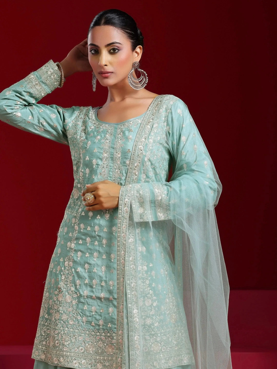 Libas Art Green Embroidered Silk Blend A-Line Kurta With Sharara & Dupatta 