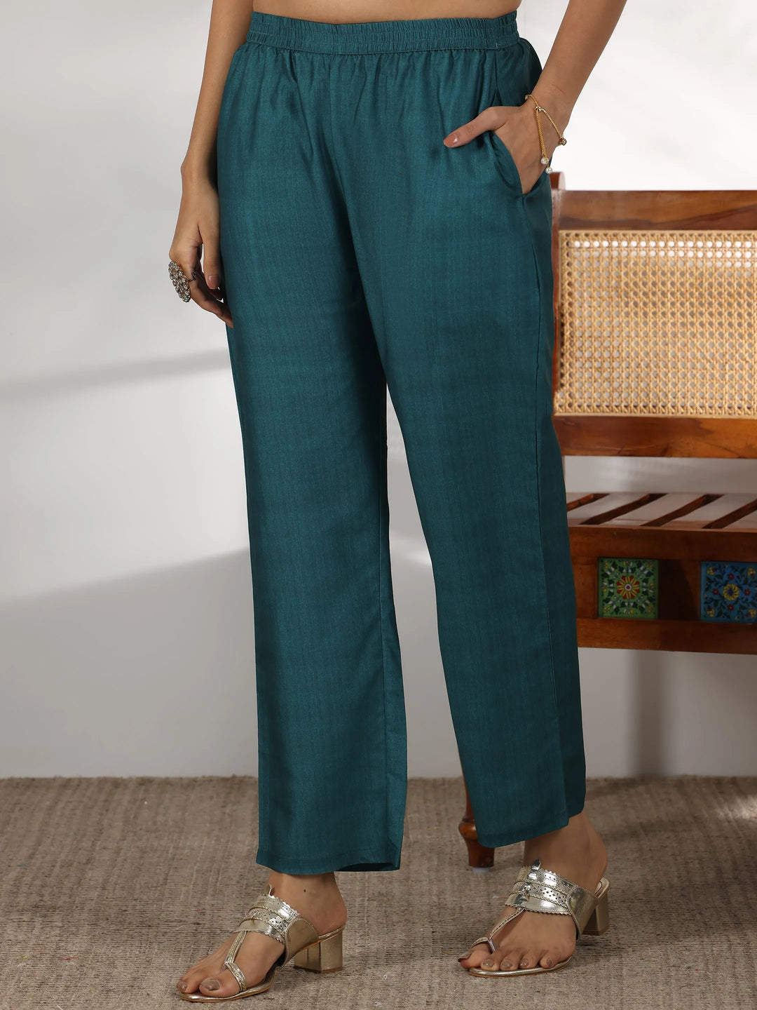  Teal Green Printed Silk Blend Straight Suit With Dupatta 