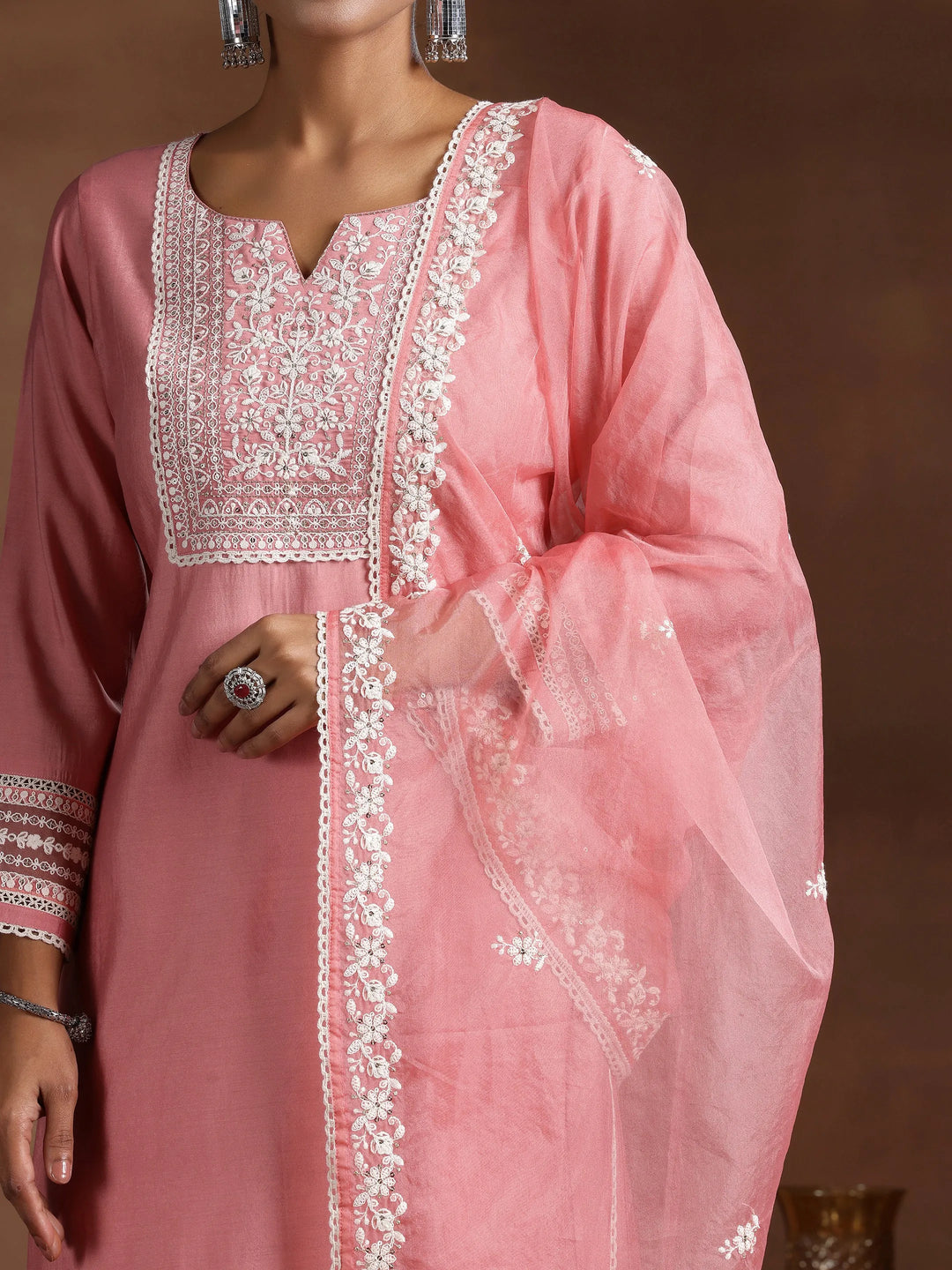  Pink Yoke Design Silk Blend Straight Suit With Dupatta 