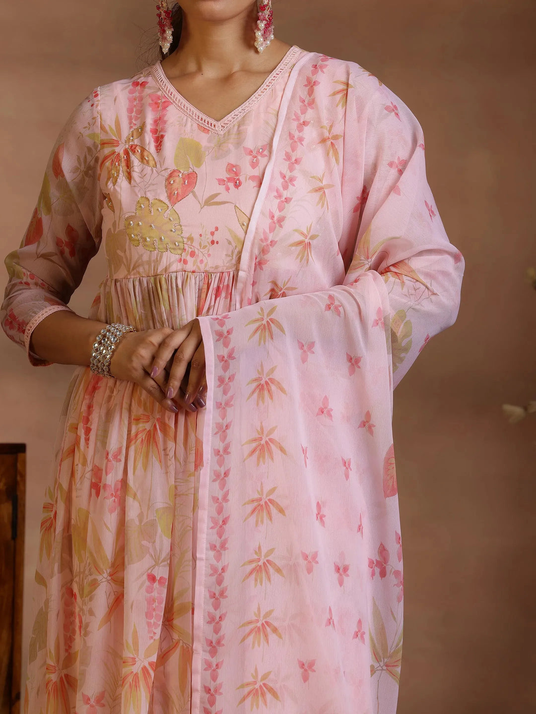  Pink Printed Poly Chiffon A-Line Kurta With Palazzos & Dupatta 